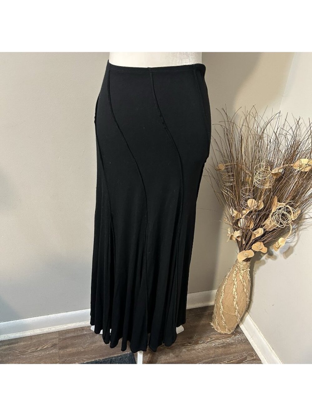 Karen Kane Maxi Skirt Women Black Pull-on Tiered Fit & Flare Rayon Stretch Sz S